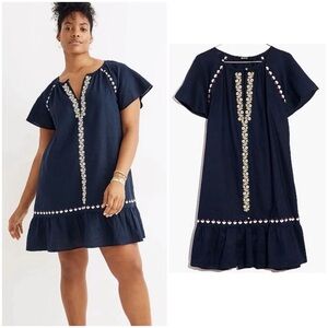 NWT Madewell Embroidered Linen-Blend Raglan Ruffle Mini Dress Navy Blue XXL